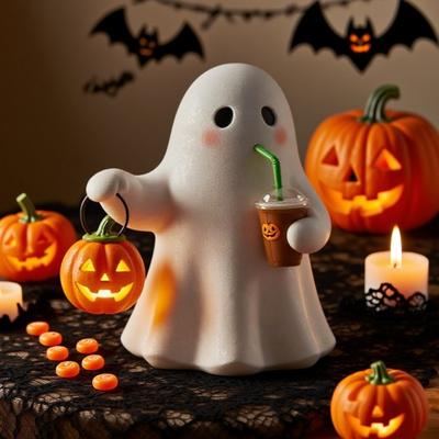 Halloween Geist Nachtlampe Kürbis haltender trinkender Geist Harzstatue Feiertagsparty Zuhause