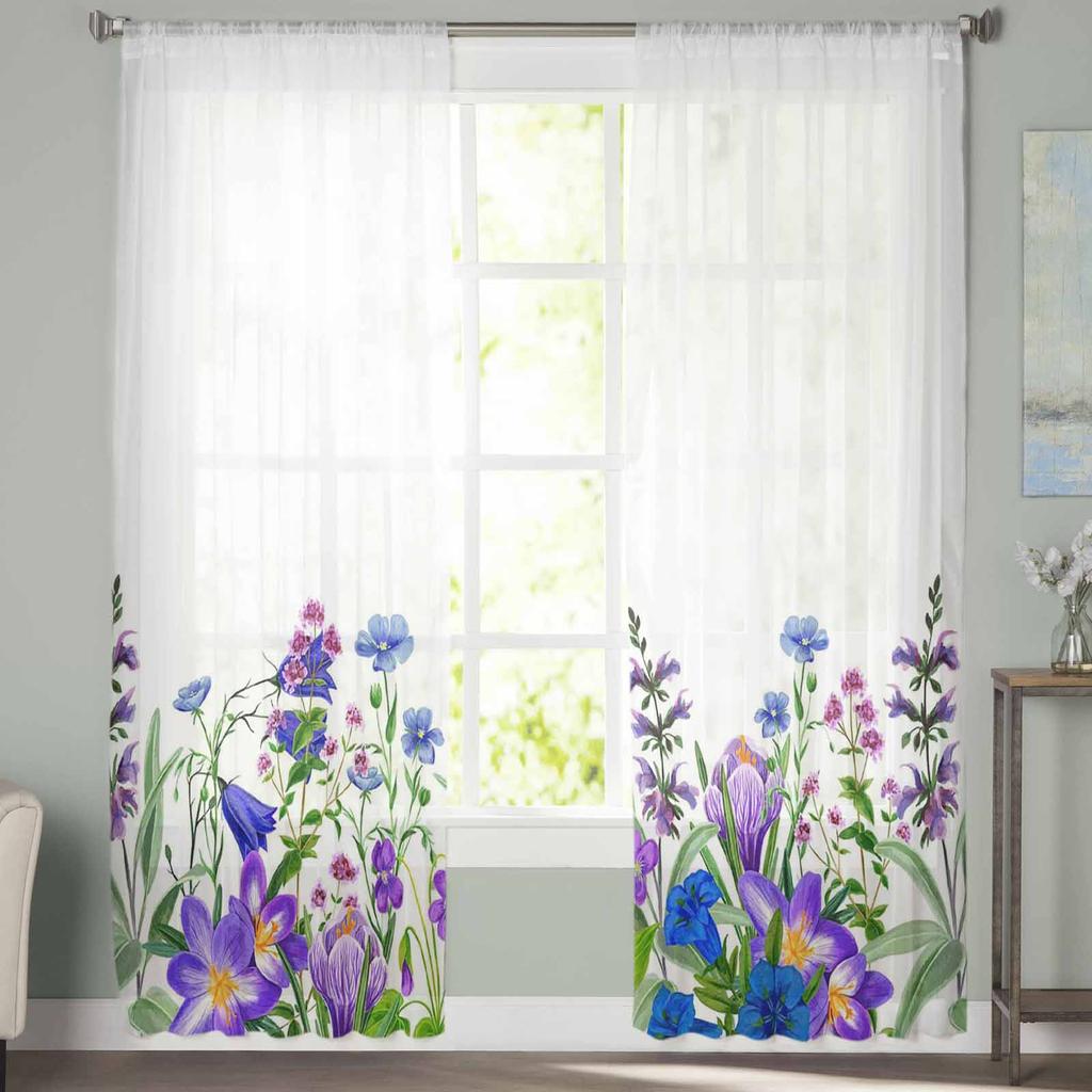 Spring Plants Field Flowers And Herbs Chiffon Sheer Curtains for Living Room Bedroom Home Decoration Window Voiles Tulle Curtain