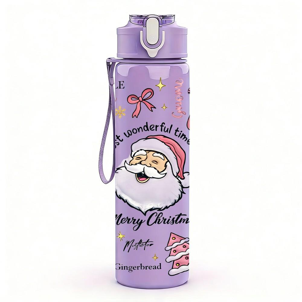 1PC Santa Claus Winter Xmas Lettering 750ml Color Plastic Sports Water Bottle Leakproof Flip Straw Lid Suitable for Sports Office Home Use