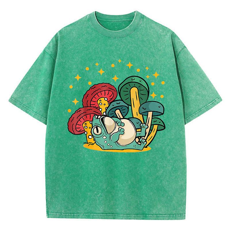 Pilz Cottagecore Ästhetik Frosch Aufdruck Gewaschenes T-Shirt Damen Sommer Locker T-Shirt Street Kurzarm Kleidung