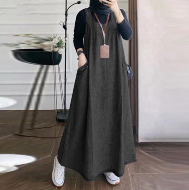 Moda Mujer Sin Mangas Casual Holgado Vestido de Verano Sarafans Abaya Vestido Vaquero Azul Mono Musulmán Vestido