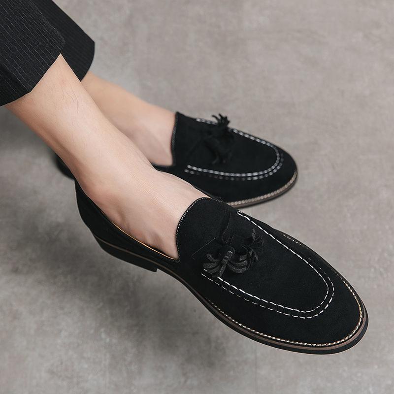 Soft Loafers Black Flat Men's Leather Shoes with Tassels Suede Male Casual Shoe Moccasin Pointed Toe Common Low Price Adults Pu