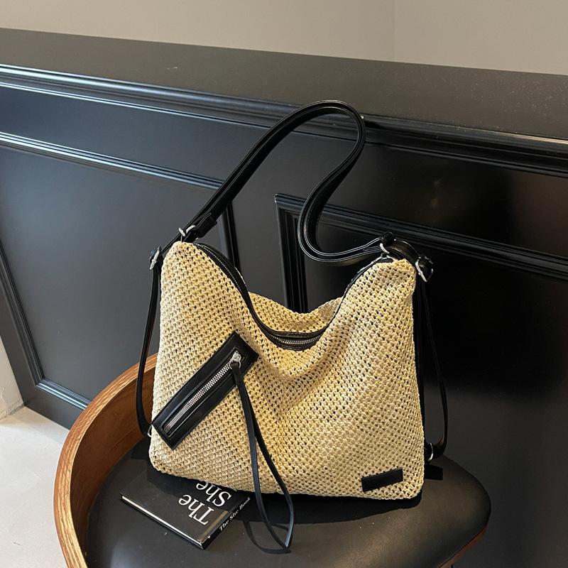 

Summer straw woven bag women s new seaside vacation beach woven bag large capacity shoulder tote bag чорний