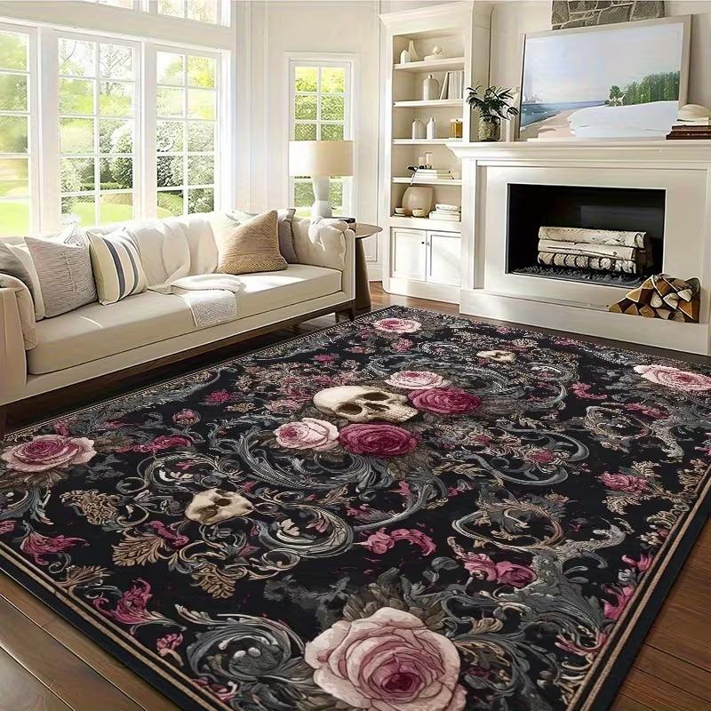 

VIKAMA Gothic Skull & Rose Area Rug, Non-Slip Washable Dark Floral Carpet, Dark Academia Vintage Floor Mat for Living Room Decor 80cm x 120cm