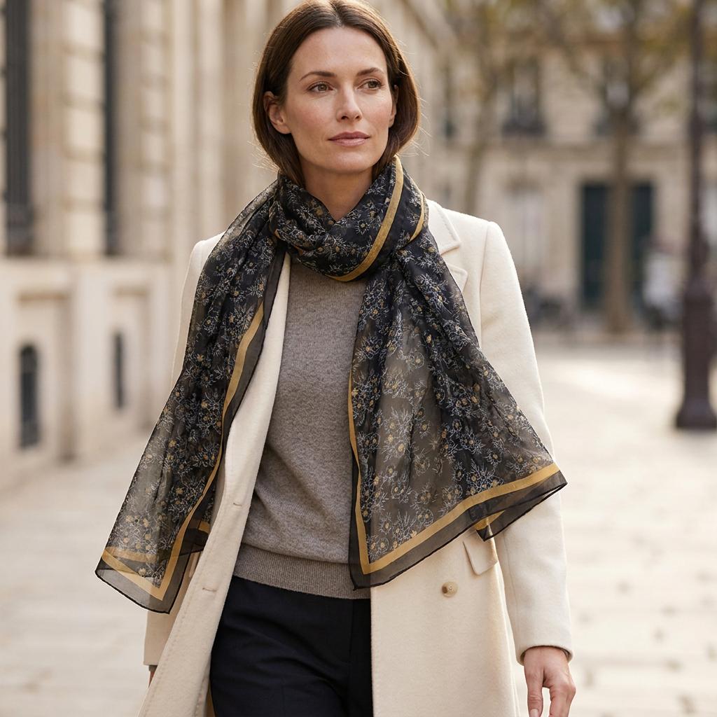 Black Scarf with Small Flowers and Mustard Border - Light and Elegant