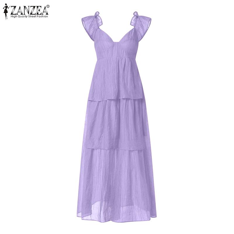 ZANZEA Summer Women Ruffled Sleeveless V Neck Layers Casual Holiday Pleated Dress Sundress