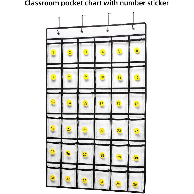36 Clear Pockets Classroom Pocket Chart for Cell Phones, Pocket Chart for Calculator Phone Holder with 36 Number Stickers and Hooks (White)