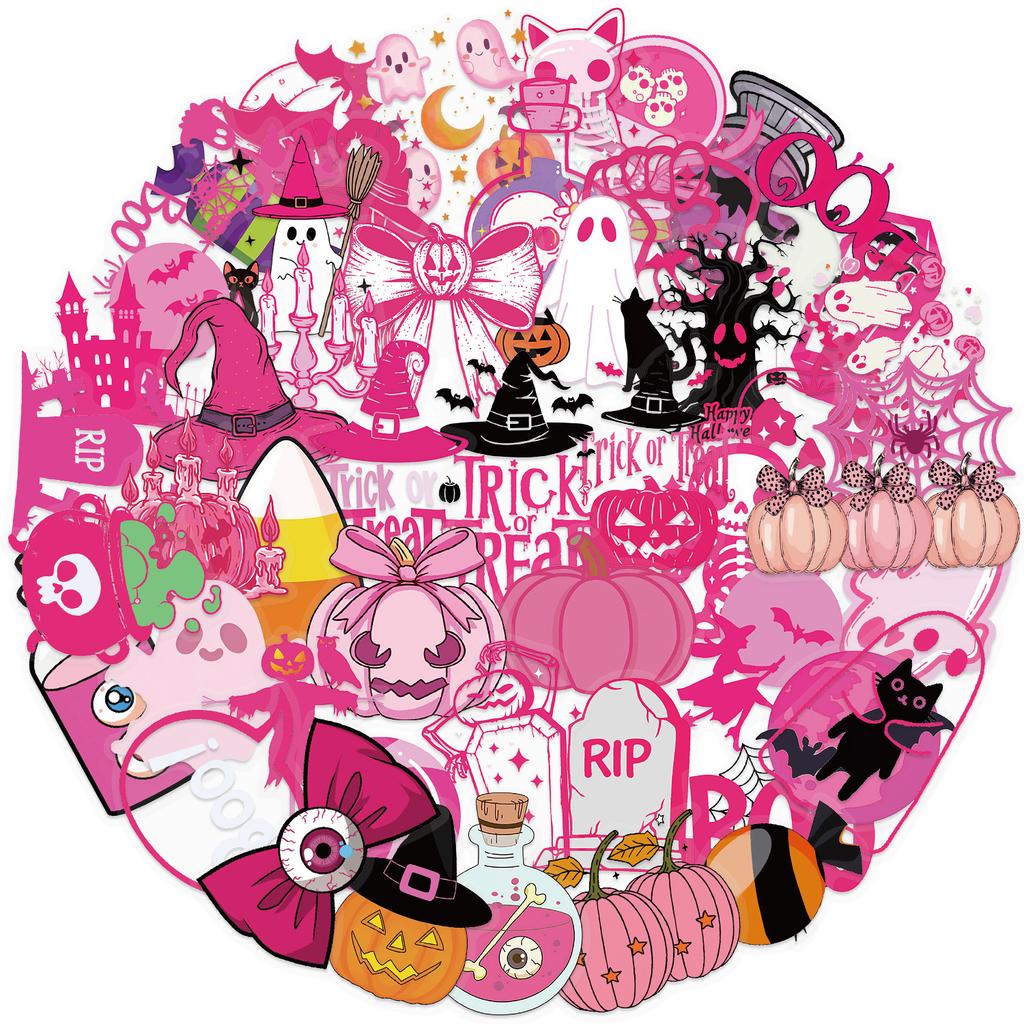 50Pcs Transparent Cartoon Pink Halloween Sticker Packs, Waterproof Transparent PET Hand Account Decorative Guitar Notebook Stickers