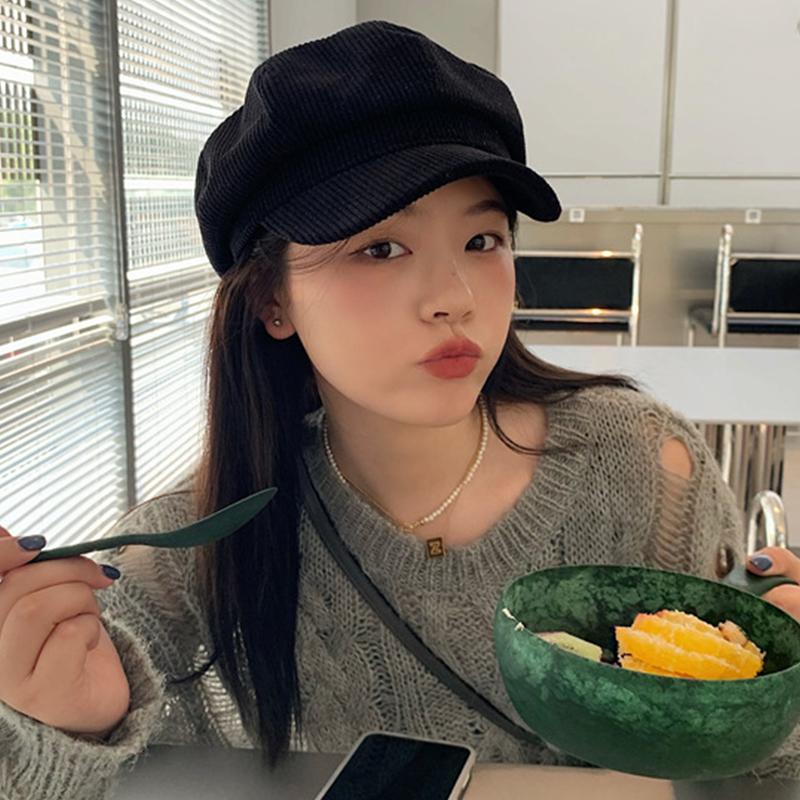Vintage Corduroy Berets For Women Autumn Winter Cold-proof Octagonal Cowboy Hats Lady Girl Solid Color Artist Painter Peaked Cap