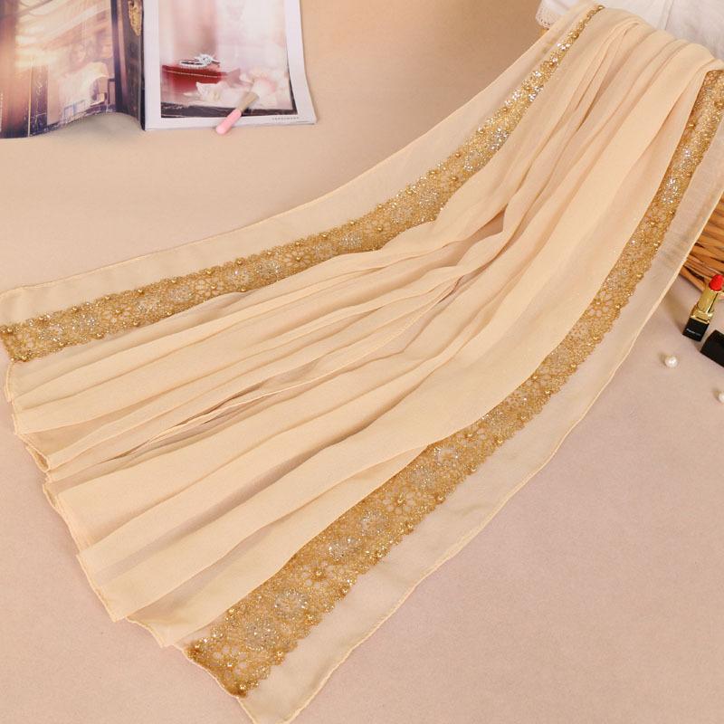 Malay new women's pearl chiffon splicing lace scarf, colored pearl-studded monochrome long scarf YW