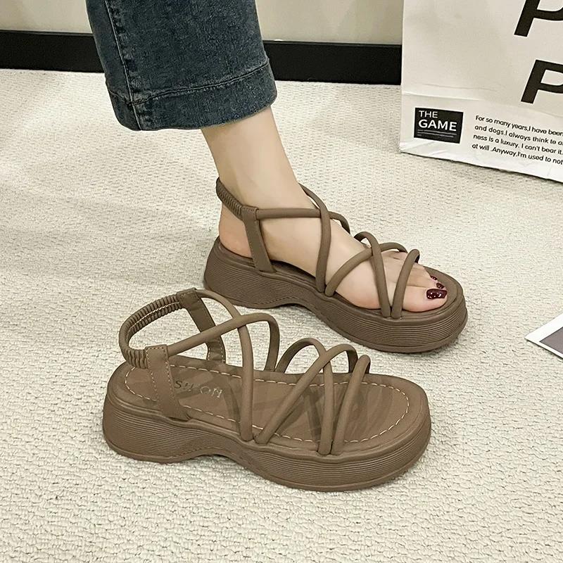Fashion Women's Fashion Elasticated Sandals Korean Style Solid Colour Casual Round Toe Slippers Thick Bottom Lightweight Wedges Shoes