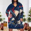 Women Plus Size V Neck Long Sleeve Red Blue Printed Fitted Straight Hem Dress