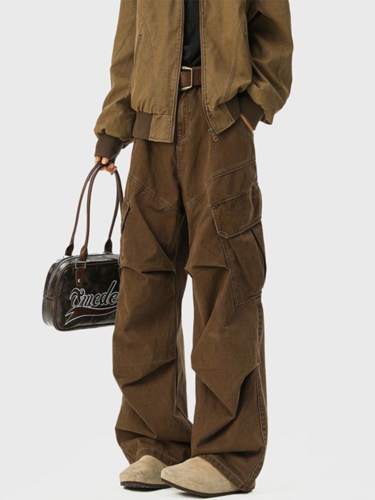 Men's Mylar Brown Cargo Pants: American Retro Multi-Pocket, Autumn/Winter CleanFit Micro-Flare Jeans