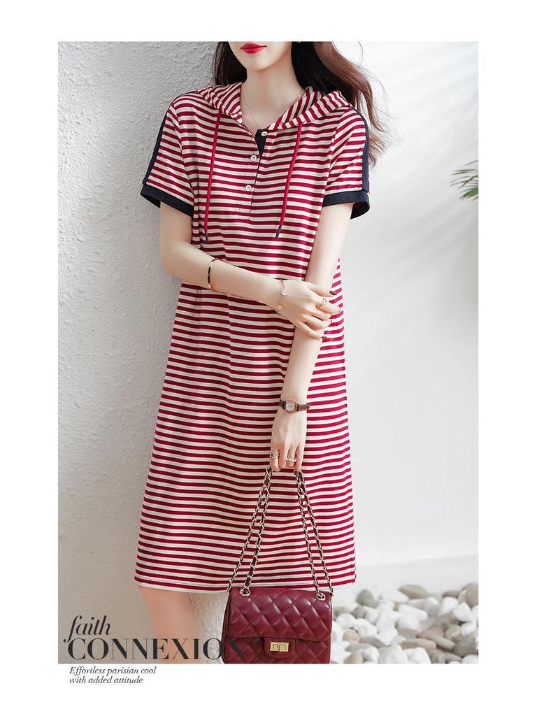 Women's Summer 2023 Elegant Striped Hooded Mid-Length Dress