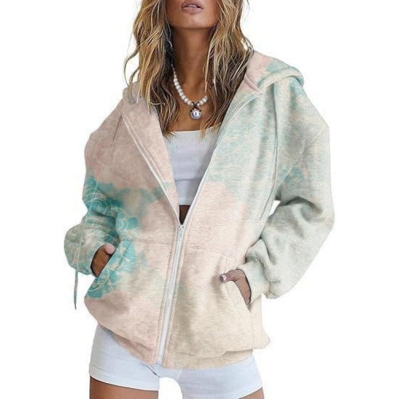 Womens Oversized Hooded Zip-Up Sweatshirt With 3D Printed Winter Casual Loose Fit