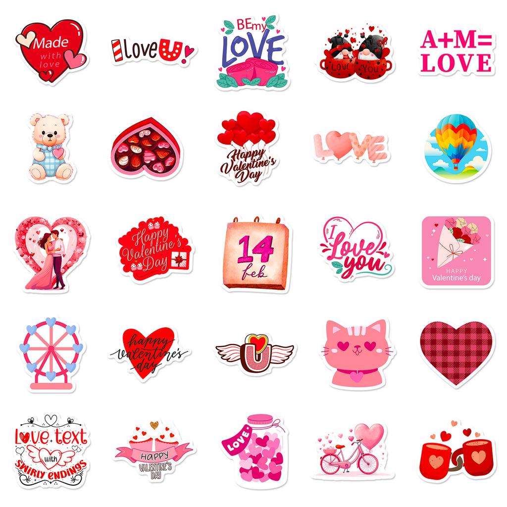 50 PCS Valentine Stickers Set - Romantic Heart Decals for Notebook, Gifts, DIY Decor
