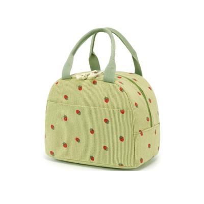 Strawberry Print Corduroy Lunch Bag Thermal Insulation Lunch Box Storage Handbag Kid School Cooler Bag Picnic Food Pouch