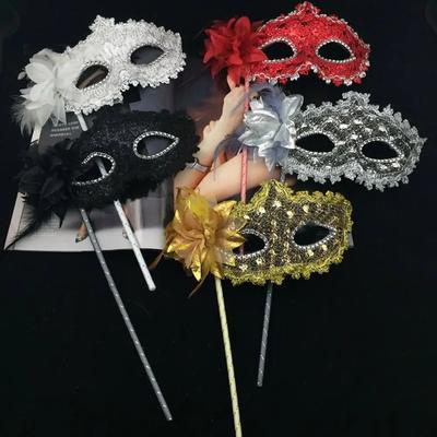 Stick Side Feather Flower Handheld Masquerade Masks Festival Costume Party With Holding Stick Translucent Half Face Mask Feather