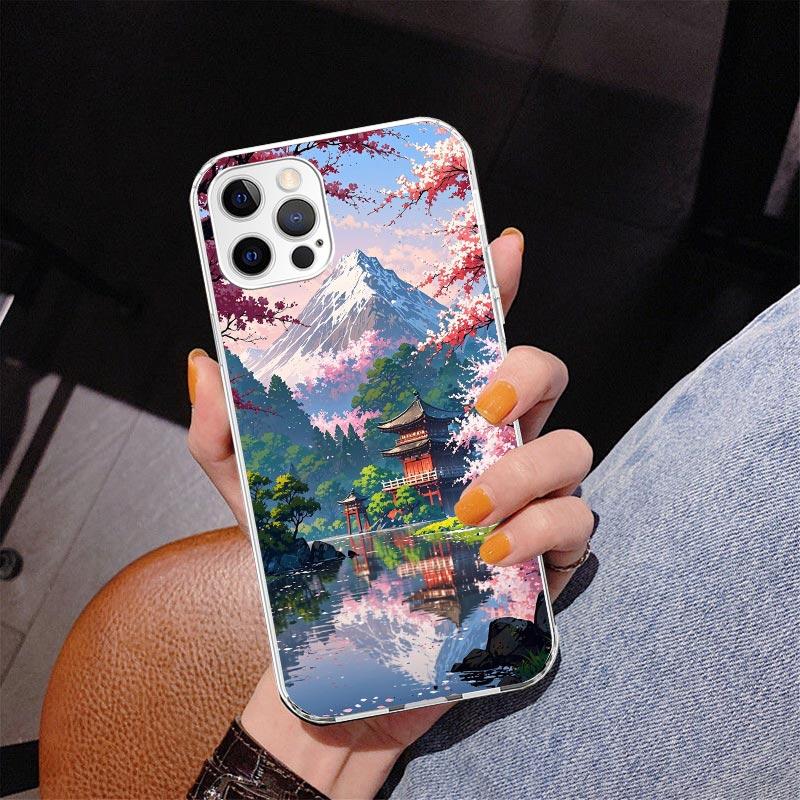 Japanese Cherry Mount Fuji Phone Case For iPhone 13 12 Mini 11 Pro Max XS XR X SE 7 8 Plus 5S 5 6S 6 Gift Print Cover Fundas