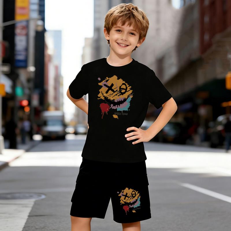 

Boys 2 Piece Graffiti Smiley Face Print Outfit, Short Sleeve T-Shirt and Shorts Set for Kids Age 5-14,Black and White Sporty Casual Summer Clothes 5-6 Years чёрный