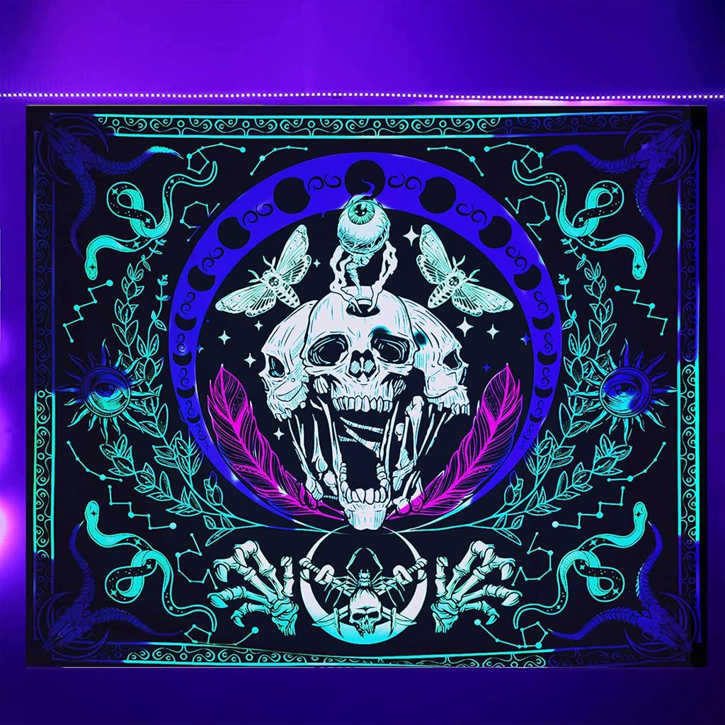 Psychedelic Black Light Skull Head Flourescent Tapestry UV Reactive Tapestries Wall Hanging Hippie Trippy  Home Decor