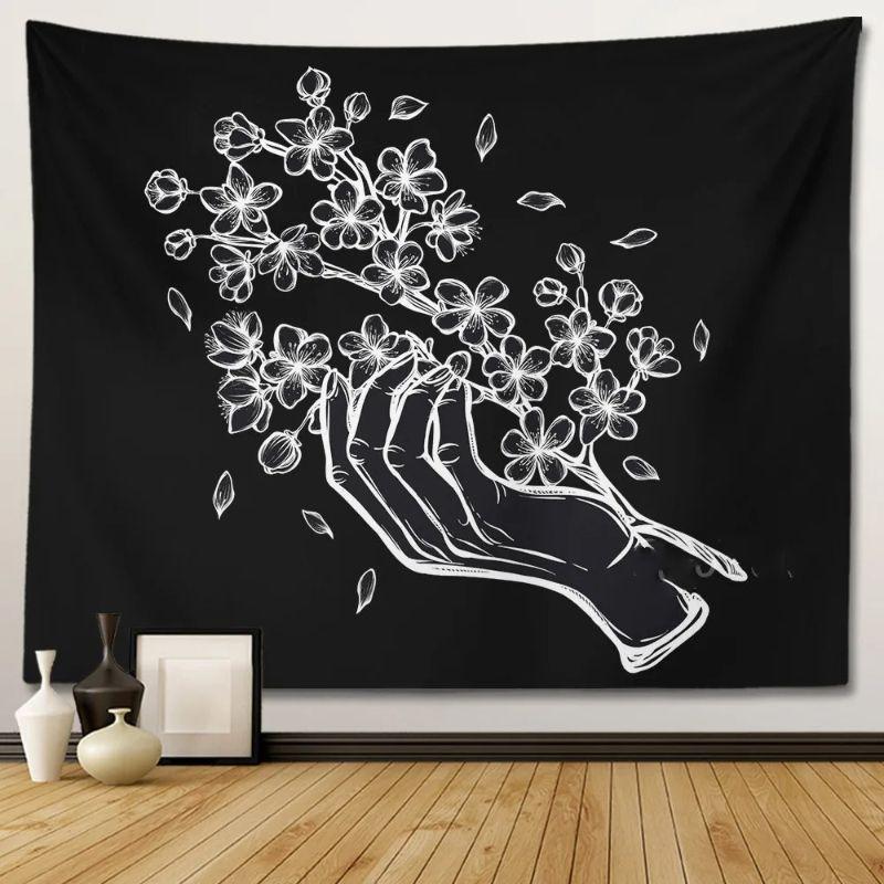 Witchcraft Palm Moon Flower Star Tapestry Black and White Retro Wall Hanging Bedroom Dormitory Home Decoration
