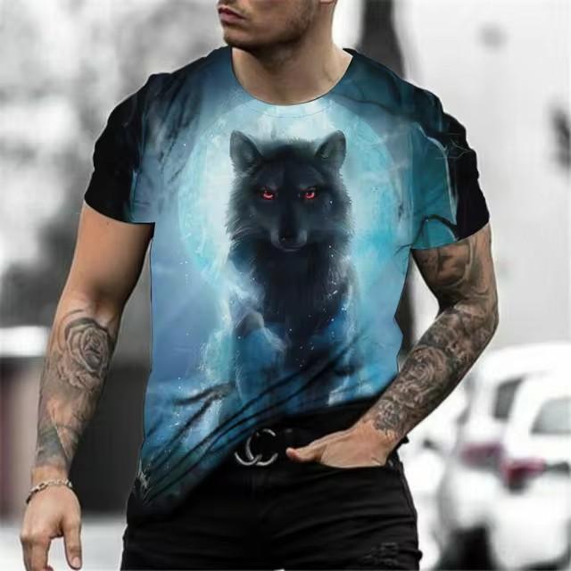 Summer Round Neck 3D Wolf Print Top Fashionable Casual Short Sleeved Men's T-shirts