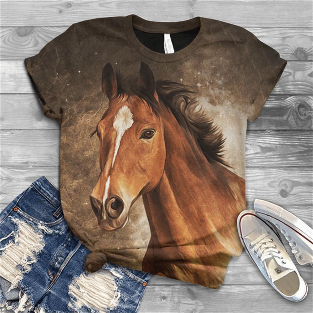 Women's T-shirt Short Sleeve Summer Everyday Animation Horse Digital 3D Print Sexy Diagonal Collar Top Loose Female Pullover