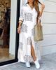 Women's Long Sleeve Shirt Dress V Neck Loose Fit Asymmetric Printed Casual Maxi Dress
