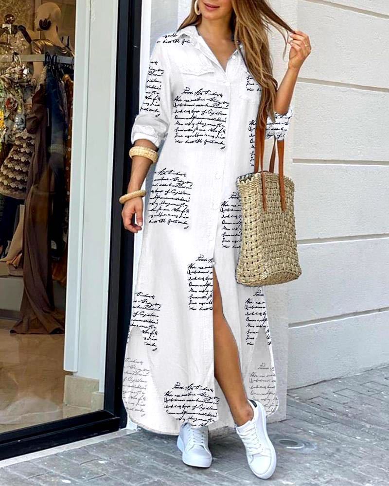Women's Long Sleeve Shirt Dress V Neck Loose Fit Asymmetric Printed Casual Maxi Dress