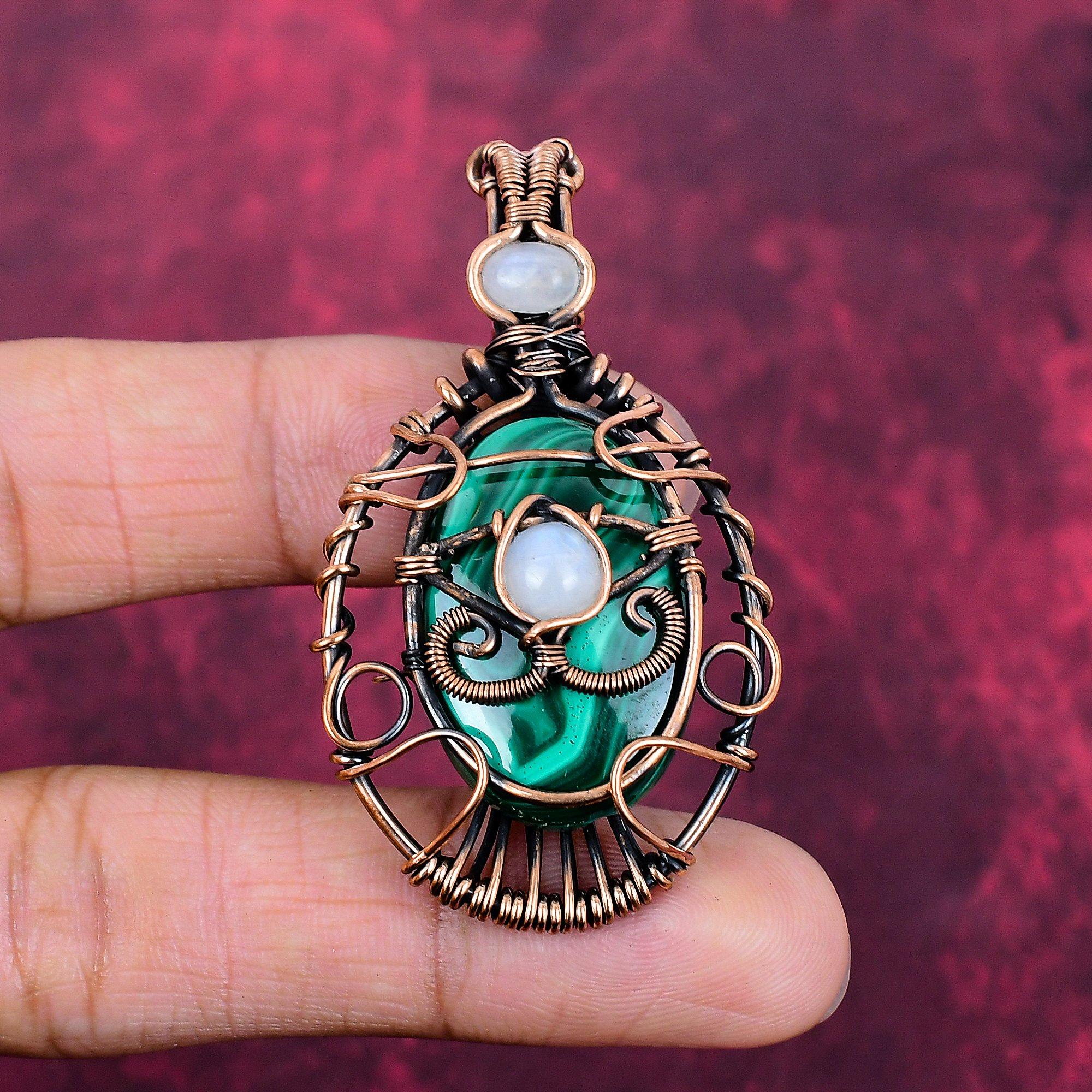 Evil Eye Malachite Pendant Copper Wire Wrapped Pendant Rainbow Moonstone Jewelry