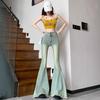 2024 Dam Retro Hög Midja Fishtail Flare Jeans - Smalande Elastiska Vida Ben Golvlånga Byxor