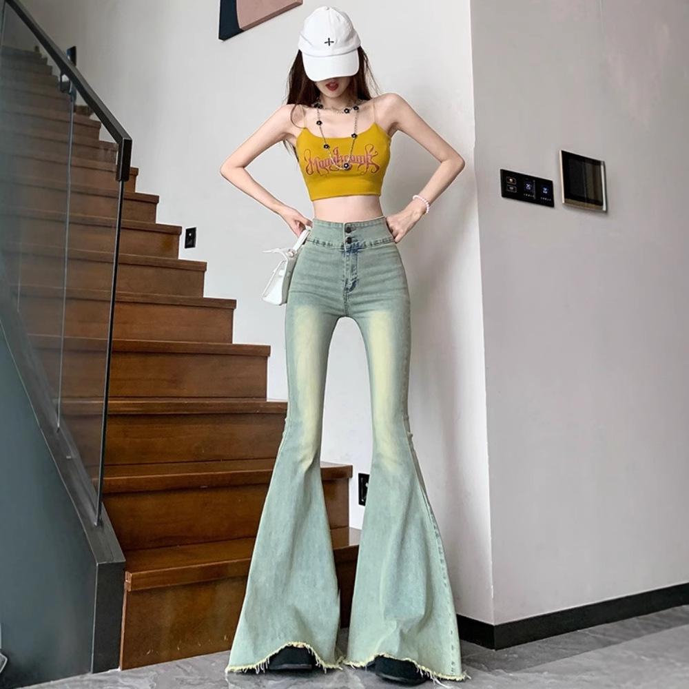 2024 Dam Retro Hög Midja Fishtail Flare Jeans - Smalande Elastiska Vida Ben Golvlånga Byxor