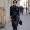 European and American Spring New Elegant Swing Neck Solid Color Long-sleeved Women's Dress Including Belt