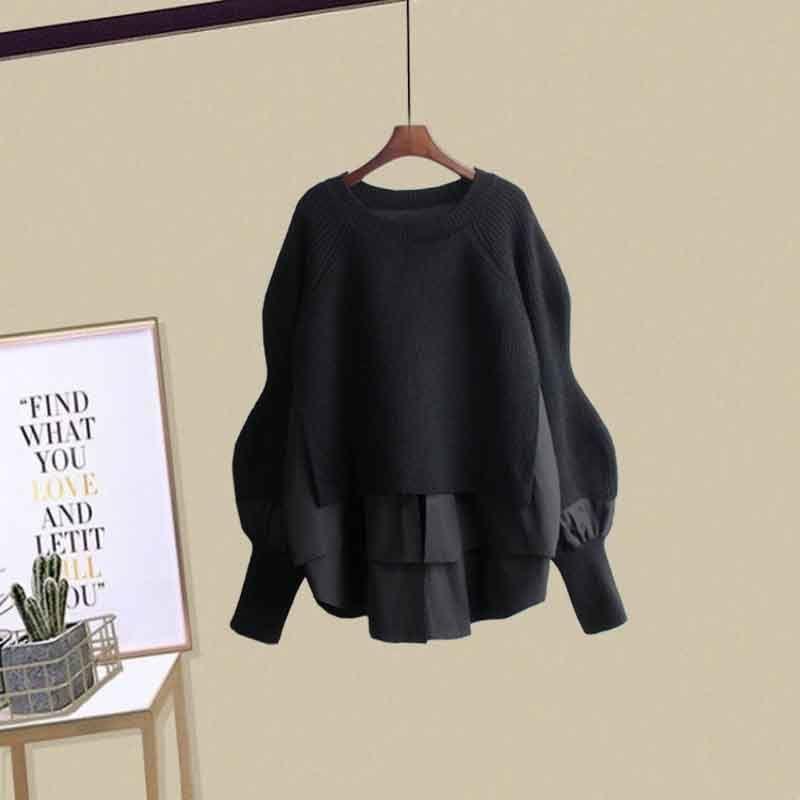 Plus Size Women Winter Patchwork Long Sleeve Knitted Tops + Asymmetric Skirt 2 Piece Suit Female Party Elegant 4Xl Two Piece Set