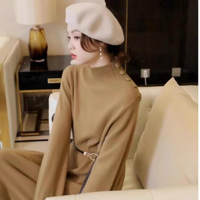 

High-end knitted dress autumn and winter new semi-turtleneck loose belt solid color bottoming sweater skirt women One Size