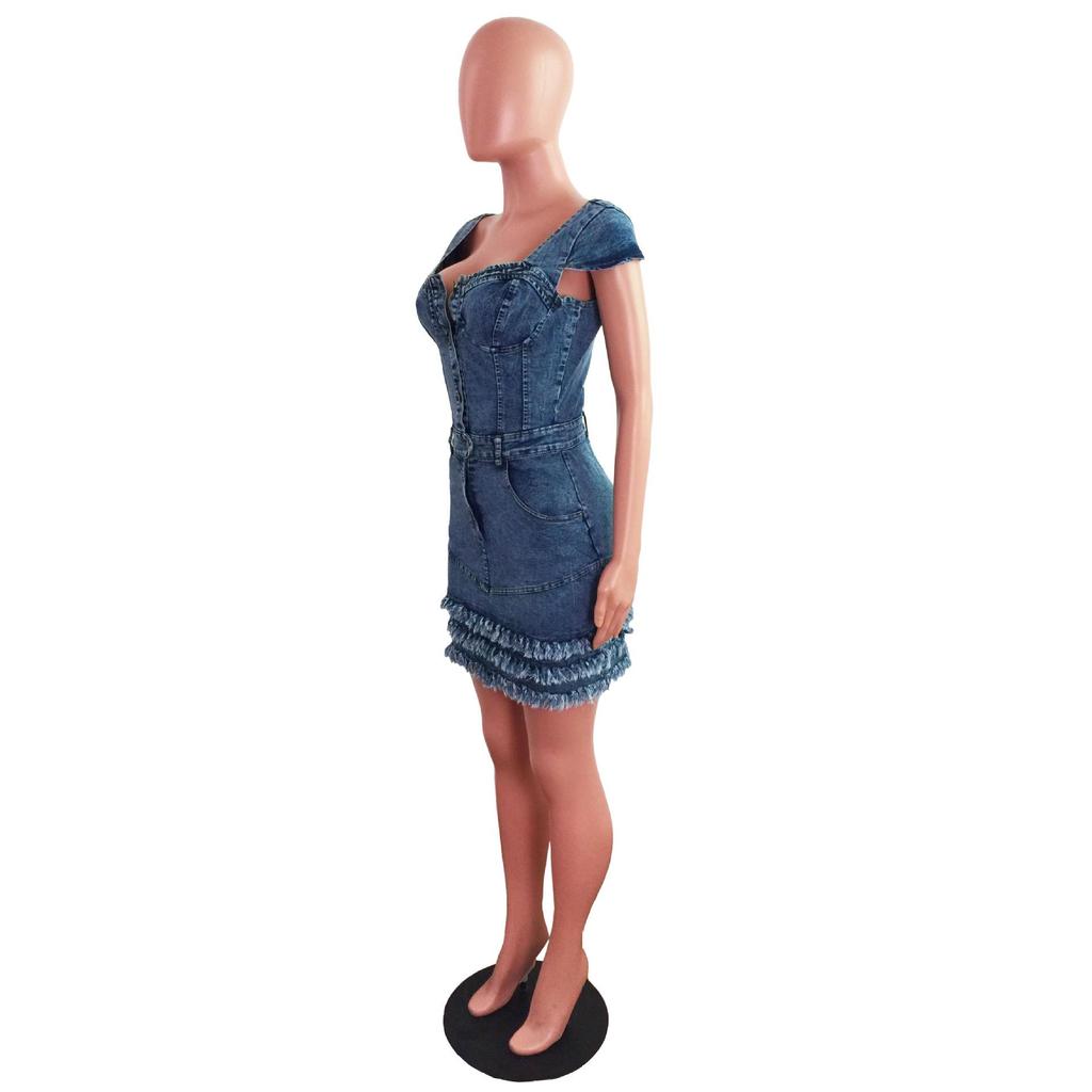 Women's Slim Fit Raw Edge Tassel Denim Dress
