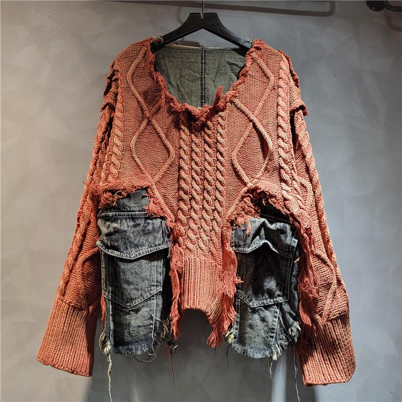 Women Irregular Do Old Pullover Patchwork Pockets Design Vintage Washed Denim Sweater