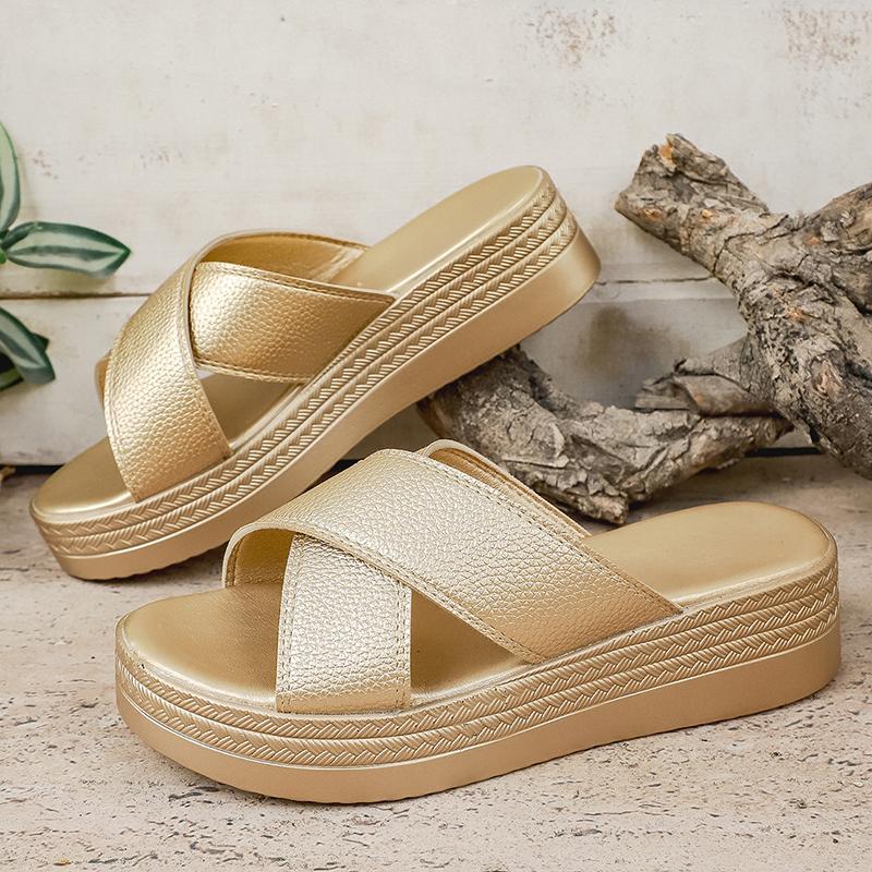 Gold Cross Strap Platform Sandals for Women Summer Thick Sole Wedge Slippers 43 Non-slip Woman Slide