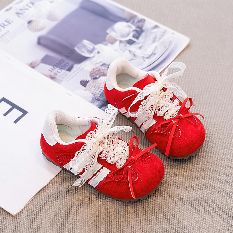 

Girls German training shoes, new girls bow running shoes in summer 2025, baby girl mesh flat casual shoes 34 красный
