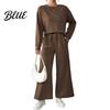 Round Neck Top And Wide-leg Pants Set 2 Pcs/Set Women Suit O Long Sleeves Solid Color Sport Loose Fit Sweatshirt Drawstring Elastic Waist Wide
