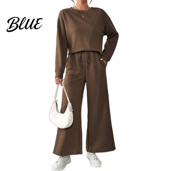 Round Neck Top And Wide-leg Pants Set 2 Pcs/Set Women Suit O Long Sleeves Solid Color Sport Loose Fit Sweatshirt Drawstring Elastic Waist Wide