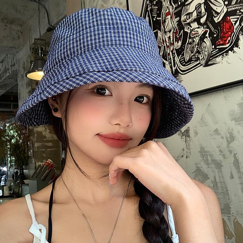 Retro Plaid Bucket Hat Women's Summer Thin Breathable Sunshade Sunscreen Hat Showing Face Small Versatile Sun Hat