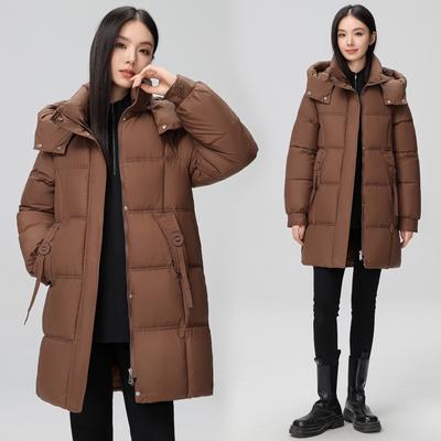 Winter Women's Down Jacket with Hood and Thick Ribbon Long Knee-length Casual Cotton Jacket