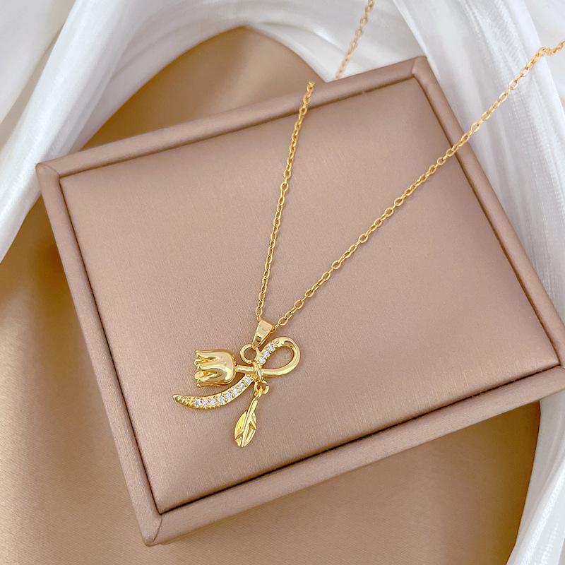 Bell Orchid Fashion Light Luxury Temperament Gorgeous Full Diamond Necklace Female Versatile Collarbone Chain Titanium Steel Chain