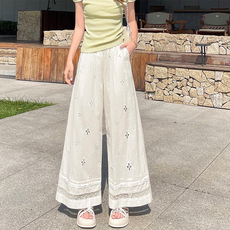 

Эластичная талия Ажурная вышивка Крючком Брюки широкие от бедра - Женские 2025 Корейский стиль Летние Длинные Стройнящие Свободного кроя XL абрикосовый