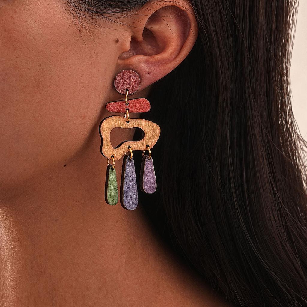 Environmentally Friendly Wood Earrings, Personalized Color Irregular Graphic Splicing Studs