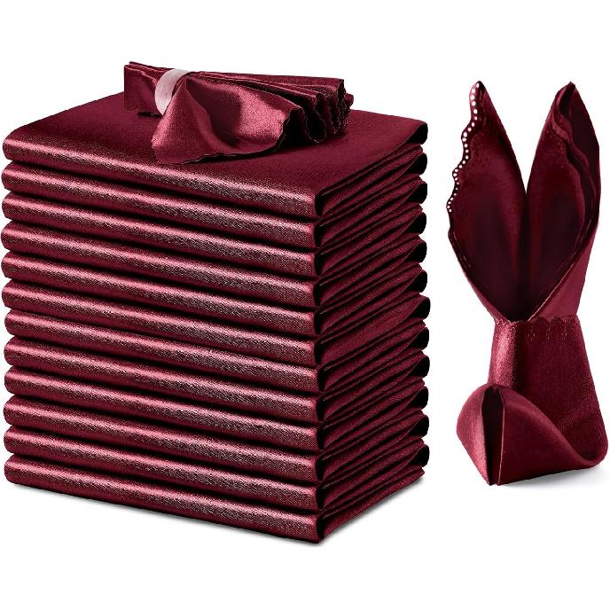 VACVELT 12 Pack Gold Satin Napk 12x12 Inch Wedding Napk, Scalloped Elegant Dinner Napk Square Table Napk Decor, Silky Satin Cloth Napk for Restaurant 12 бордовый
