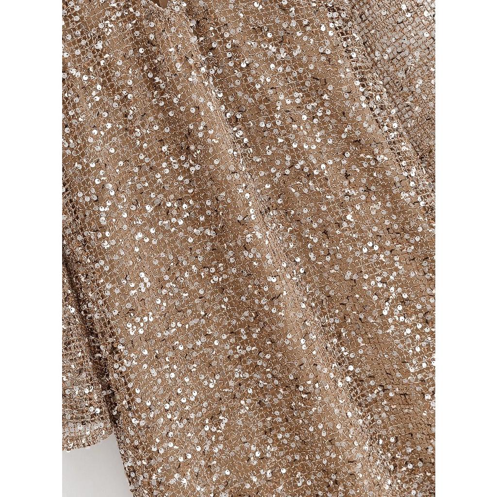 LYRIA Sexy Sequined Long Pleated Dress Women Deep V-neck Full Sleeve See Through Dresses Summer Lady Party Evening Dresses