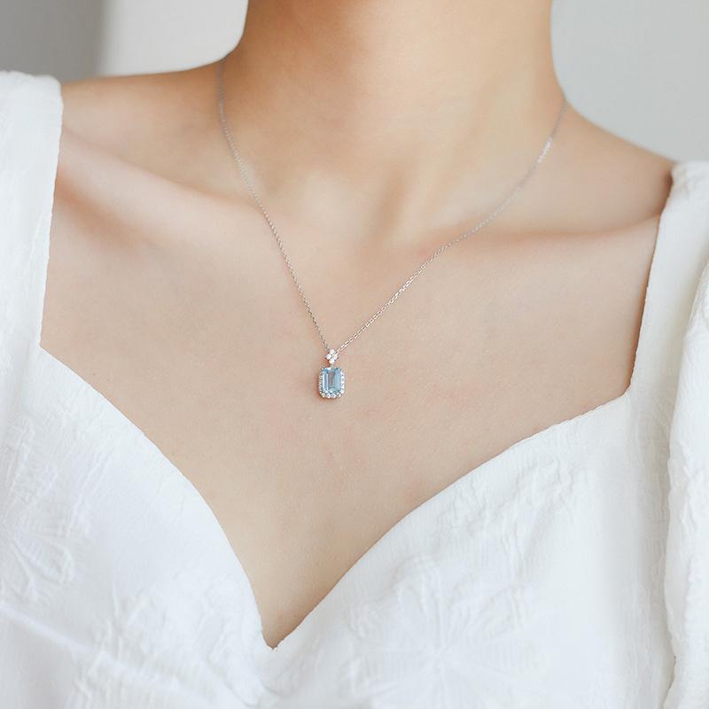 Vintage Sea Blue Zircon Square Pendant Necklace For Women Girls Delicate Clavicle Charm Chain Necklace Party Jewelry Accessories